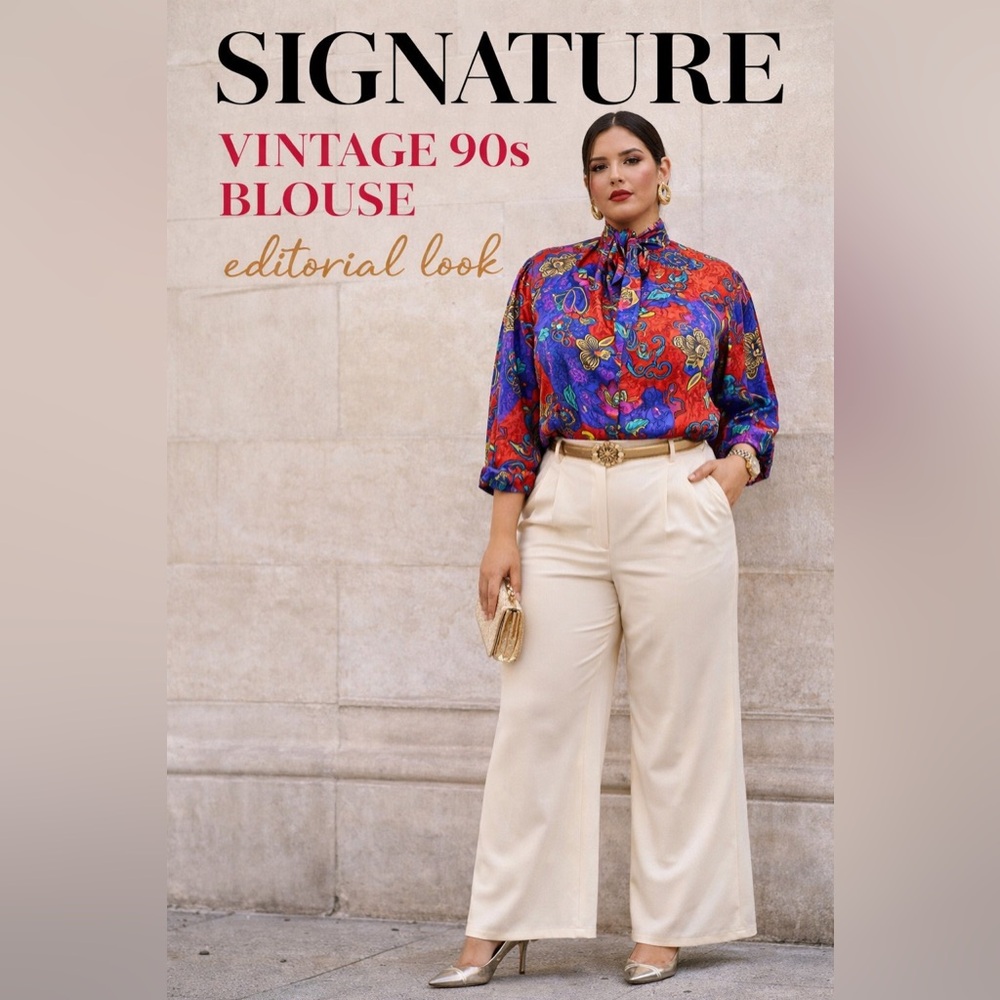 Vintage 90s Fitting Image Blouse 20W Bold Floral Satin Button Front Tie Neck